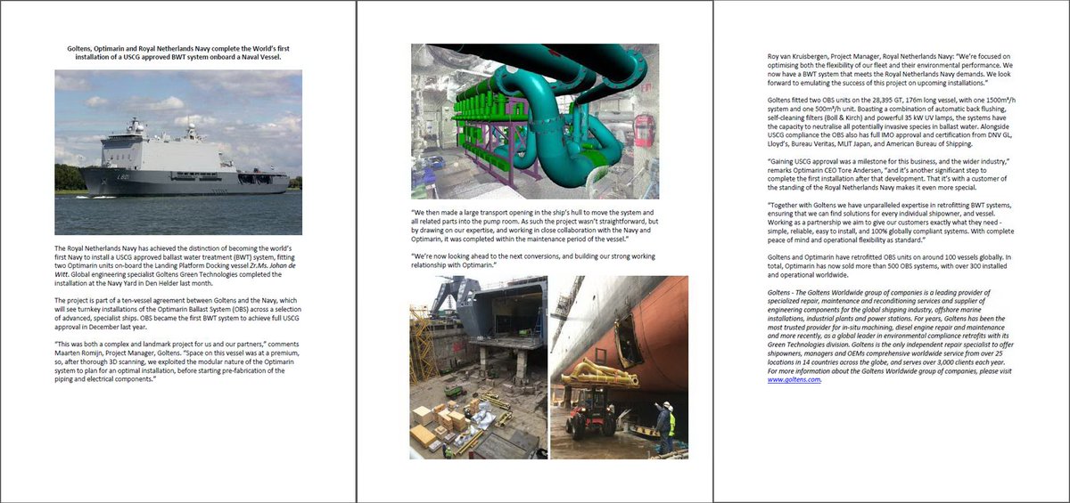 Goltens, Optimarin and Royal Netherlands Navy complete the World’s first installation of a USCG approved BWT system onboard a Naval Vessel.