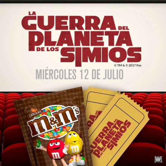 mms_es's tweet photo. Tenemos 2 entradas dobles con M&amp;M's en juego para ver la película de "La Guerra del Planeta de los Simios" por la cara. ¡Síguenos y haz RT!😉 https://t.co/YWkcoYq8S2