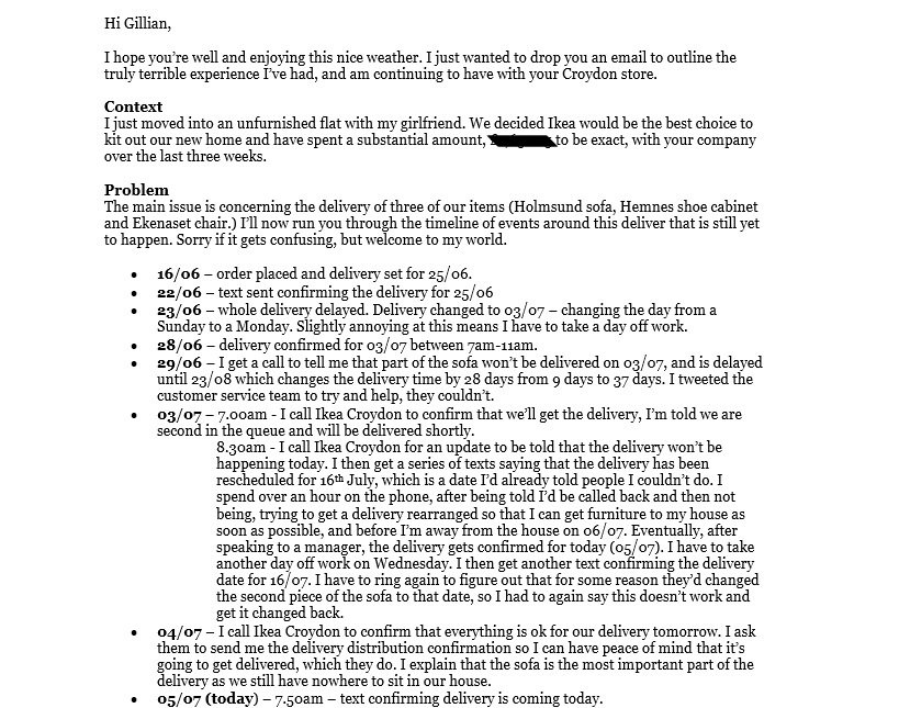 tomlake12's tweet photo. Email I sent to the Ikea UK country manager explaining the awful experience I've had with the brand. @IKEAUK @IKEAUKSupport https://t.co/fdS6nsA4pw