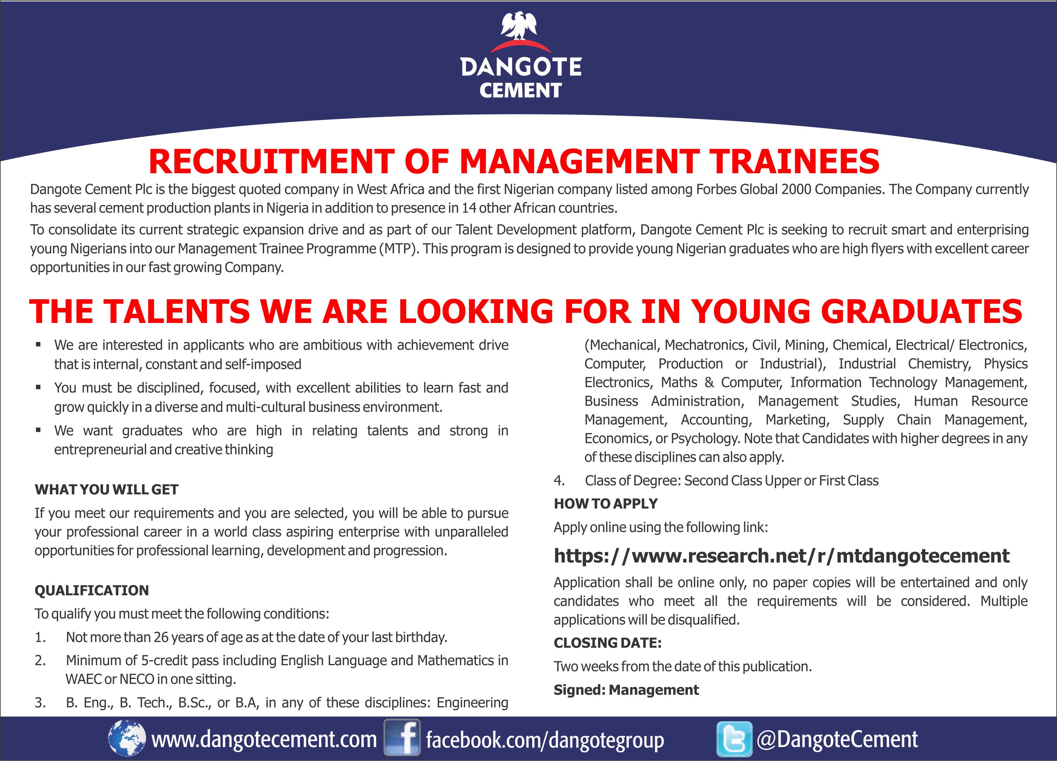 Dangote Group on X: &ldquo;We are recruiting for our Management Trainee 
