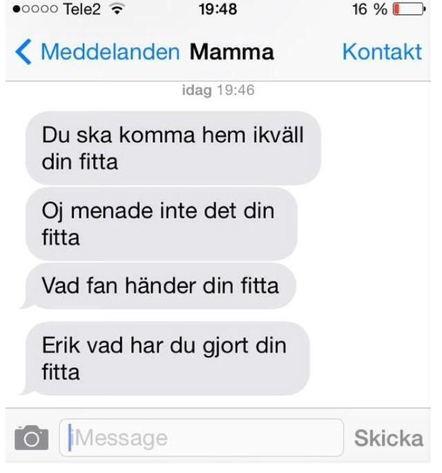 PatrickpunktF's tweet image. Idag minns vi när Erik ändrade kortkommandot för "punkt" och "frågetecken" till "din fitta", på sin mammas mobil.. 😂😂