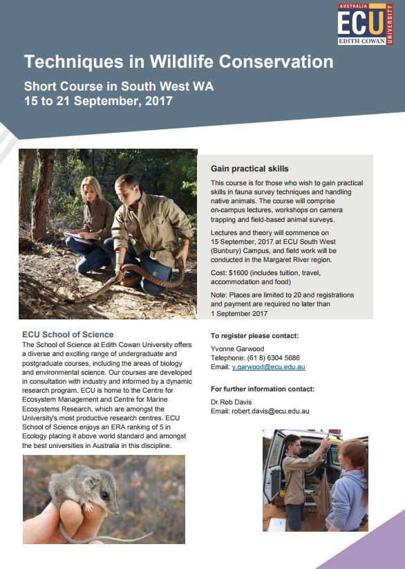 SWSCouncil's tweet image. Great short course coming up at ECU in Bunbury in September for those keen on learning Techniques in Wildlife Conservation