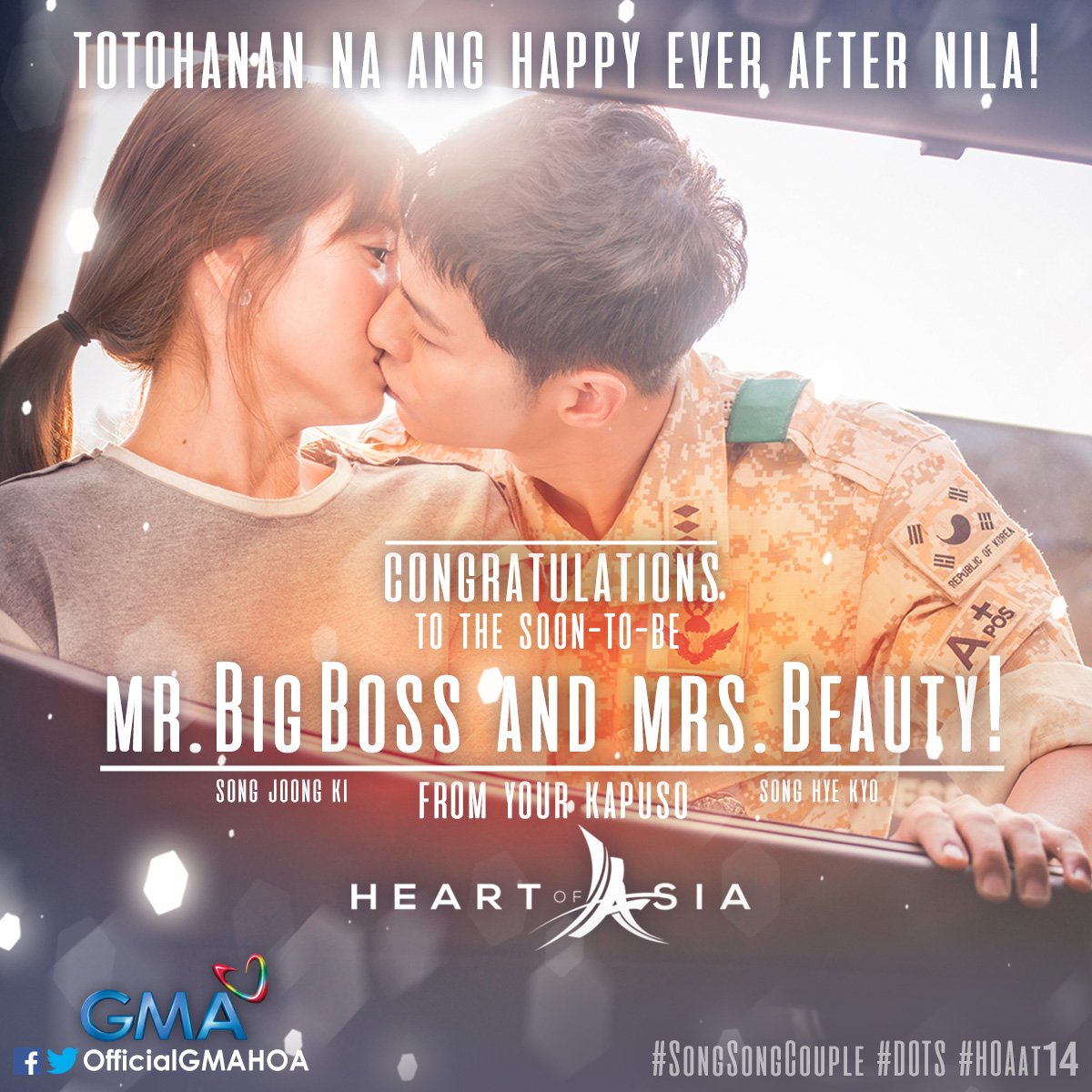 OfficialGMAHOA's tweet photo. TOTOO NA 'TO! IKAKASAL NA TALAGA SILA! 
Salute Big Boss and Beauty! 
#SongSongCouple #DOTS #HOAat14 https://t.co/qUM1xOstAU