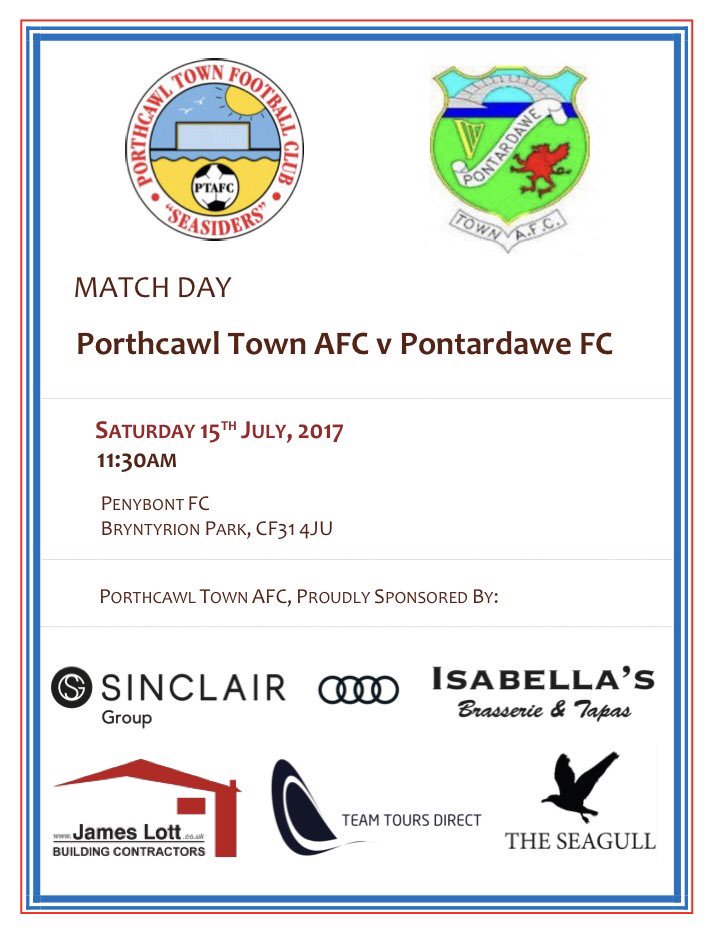 *1st Pre-Season friendly of 2017/18 Season*

⚽️ PTAFC v Pontardawe Town FC
🗓 Sat 15th July
⏰ 11:30am
📍Penybont 3G