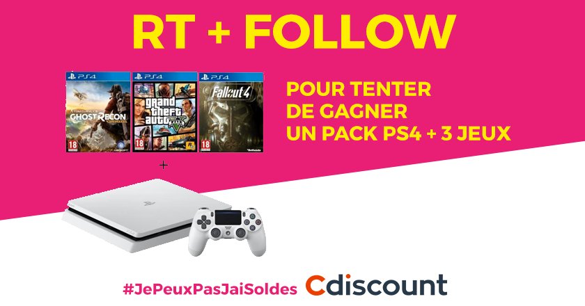 Cdiscount's tweet image. 🎁 #Concours

🎮 Un pack PS4 + 3 Jeux à gagner ➝ bit.ly/2sn04Ne 

🚀 Pour participer : 
RT + Follow @Cdiscount

🏁 TAS 13/07