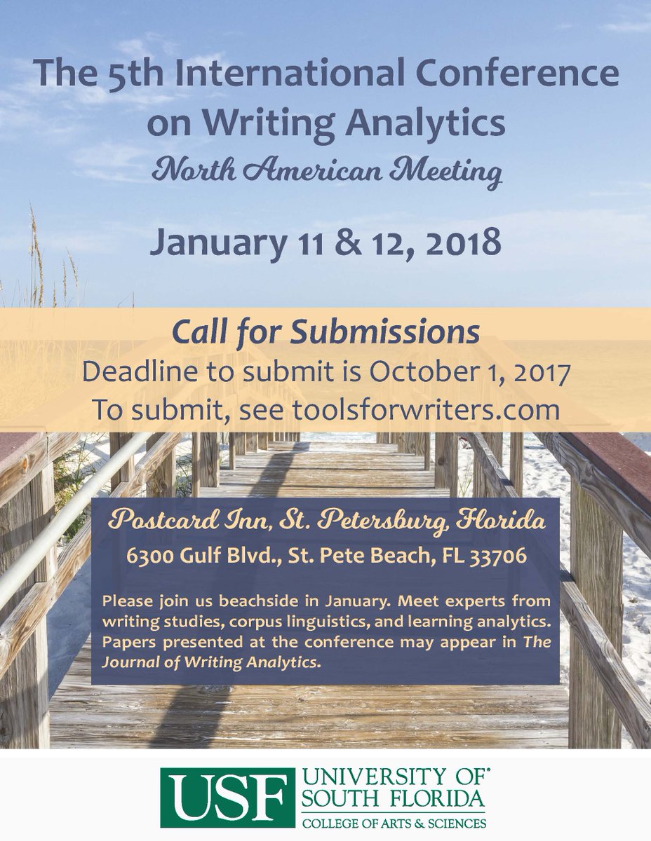 Write_Analytics's tweet image. Call for papers for The 5th International Conference on Writing Analytics North American Meeting #WritingAnalytics2018