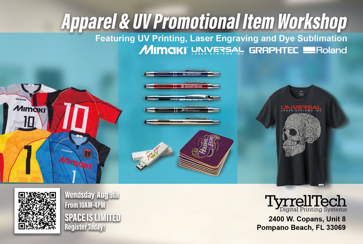 TyrrellTechInc's tweet image. Join us Wednesday Aug 9 from 10am-4pm for our Apparel &amp;amp; UV Promo Item Workshop. Register using our QR code or email Tgomez@tyrrelltech.com