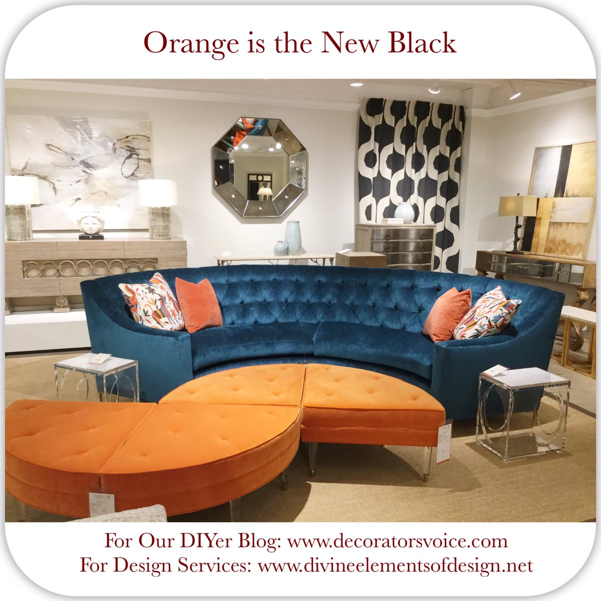 DivineEleDesign's tweet image. We love @AmbellaHome new showroom at @DallasMarket. The orange in this space is giving us life. #DallasMarket #interiordesign #homedecor