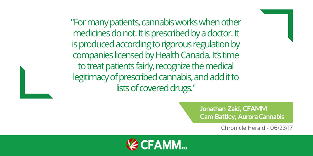 MedCannCa's tweet photo. CFAMM and @Aurora_MMJ argue for medical #cannabis #insurance coverage in today's @chronicleherald: 

https://t.co/4Zohtzubww https://t.co/0rfwiboD5s