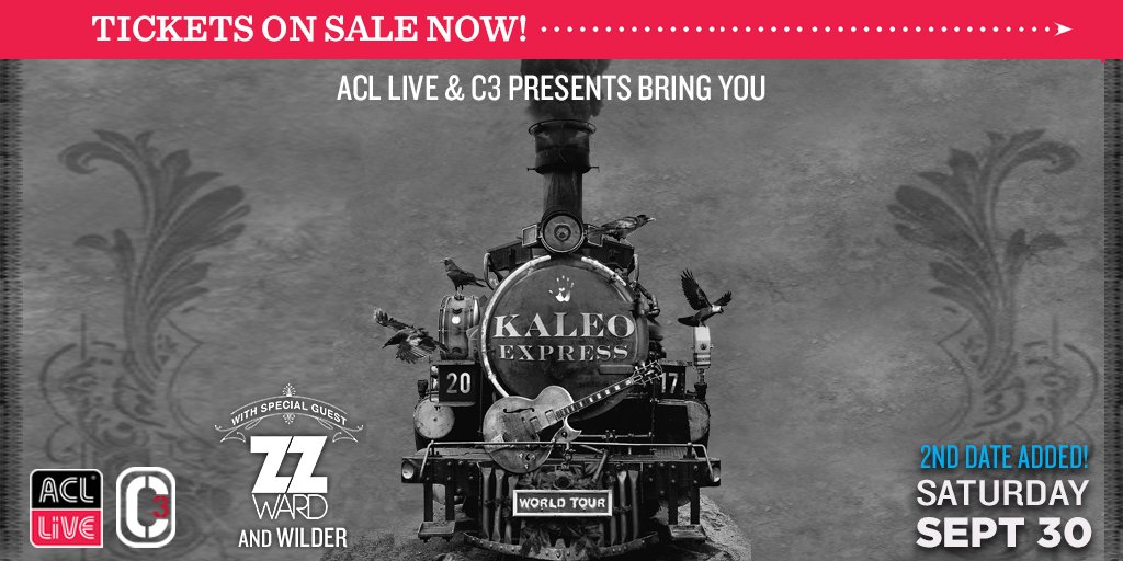 acllive's tweet photo. Tickets for a second night of @officialkaleo w/ @ZZWard &amp; @thebandwilder on Sat, 9/30 are on sale NOW! Get 'em here: https://t.co/6rWqj9sxiN https://t.co/MgYqEicbXU