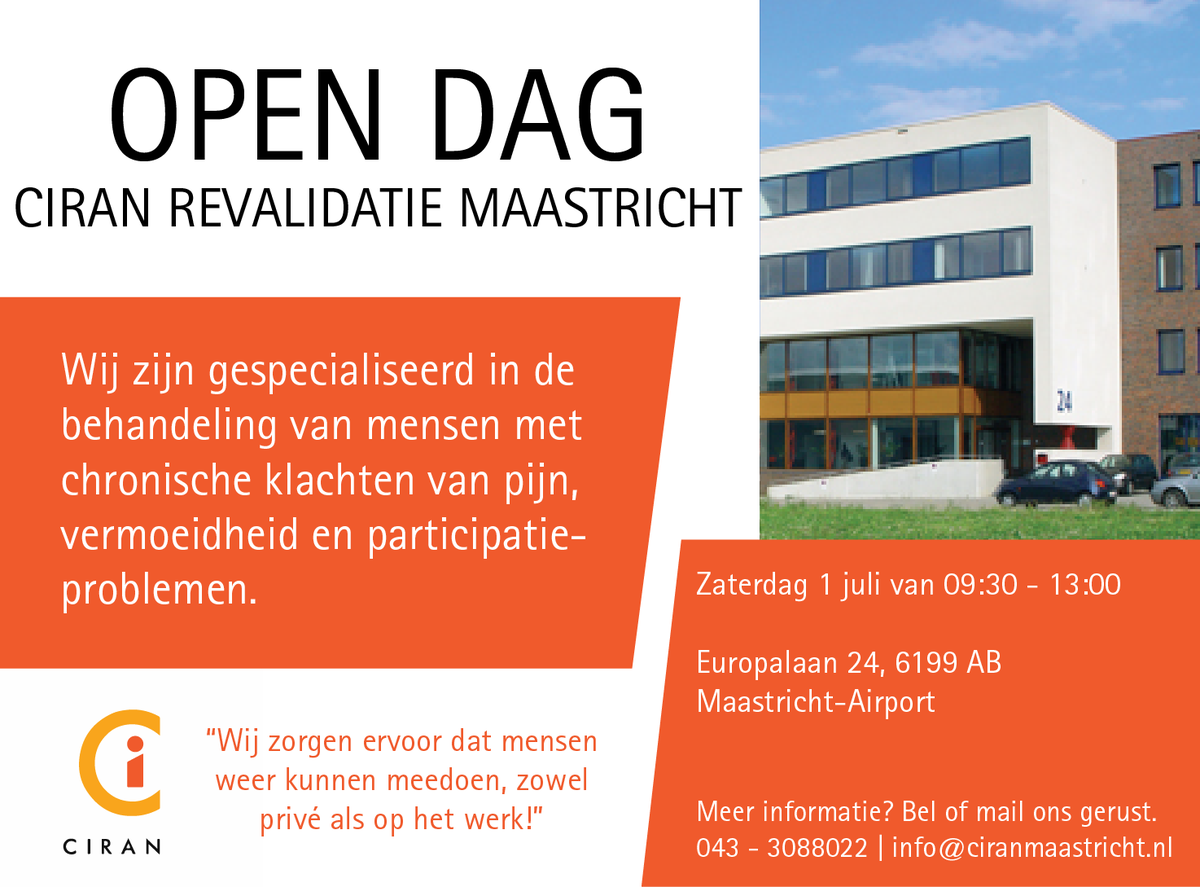 CiranRev's tweet photo. Zaterdag 1 juli bent u van harte welkom op de open dag van Ciran Revalidatie Maastricht #ciran #opendag. Meer info: https://t.co/PknWedJaYB https://t.co/ox3m4TOX16