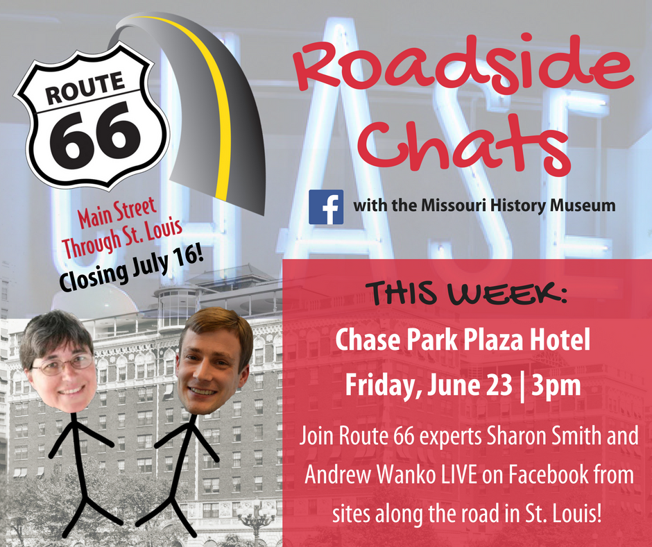 mohistorymuseum's tweet photo. Tune in today at 3pm as we broadcast LIVE on Facebook from the @ChaseParkPlaza &countdown the final weeks of our #Route66 exhibit! #ShowMe66 https://t.co/uwGHpMGozu