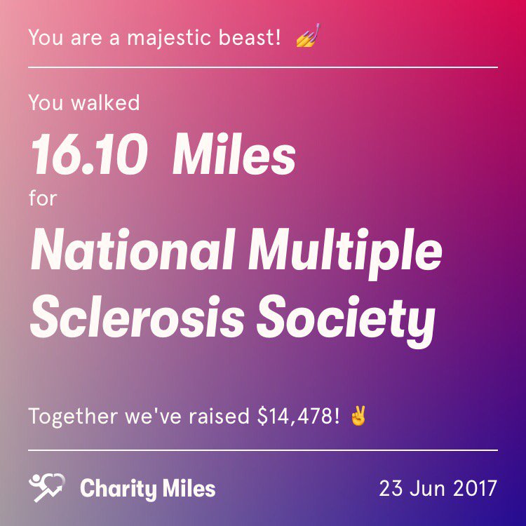 canadasam53's tweet photo. 16.1 @CharityMiles for @mssociety. Thx 2 #JNJ & @DonateAPhoto. #ImagineHow https://t.co/xjkbyE53CW