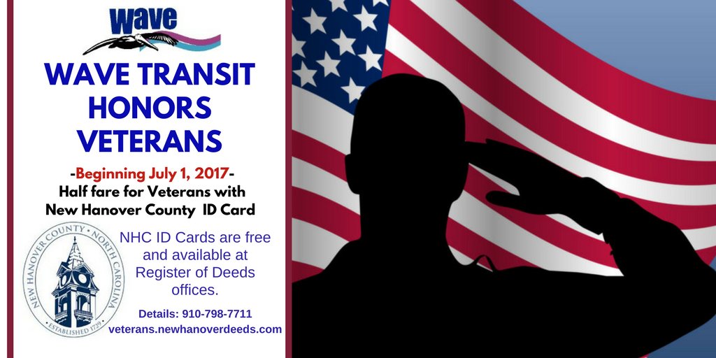 WaveTransitILM's tweet image. Starting July 1st, Wave Transit Honors #Veterans with a 50% discount! @CityofWilm @NewHanoverCo @Townofleland @KureBeachNC #WeSaluteYou #ILM