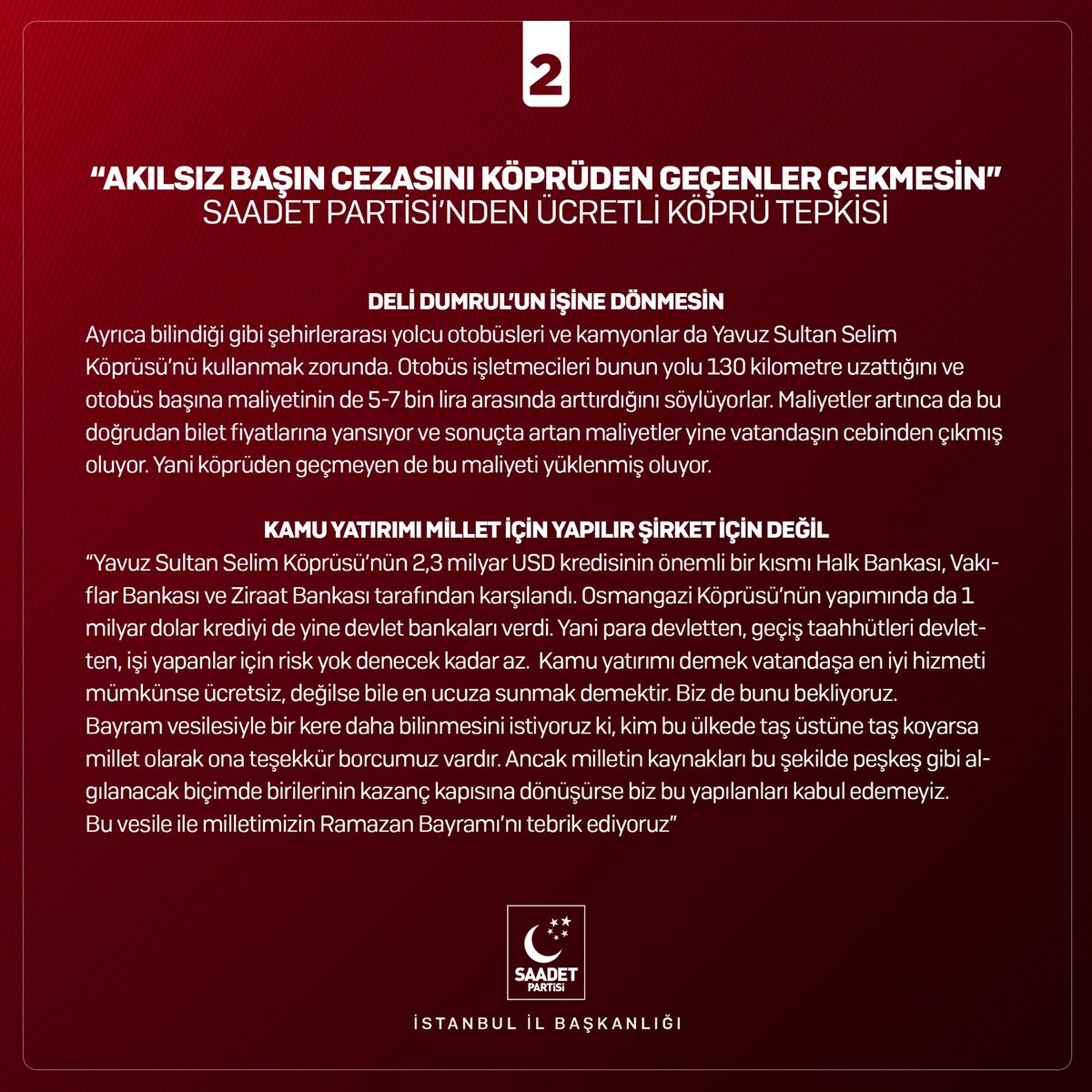SaadetIstanbul's tweet photo. Akılsız başın cezasını köprüden geçenler çekmesin !

Basın Açıklaması

#KöprülerÜcretsizOlsun https://t.co/tjI8mQ06d4