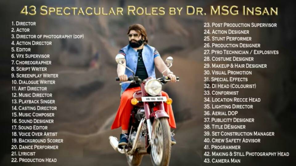 Arora9888638083's tweet image. @Gurmeetramrahim Dr. Ji has made #43RolesInMakingOfJE great guru ji unbeleiveable 43roles are done by one person only