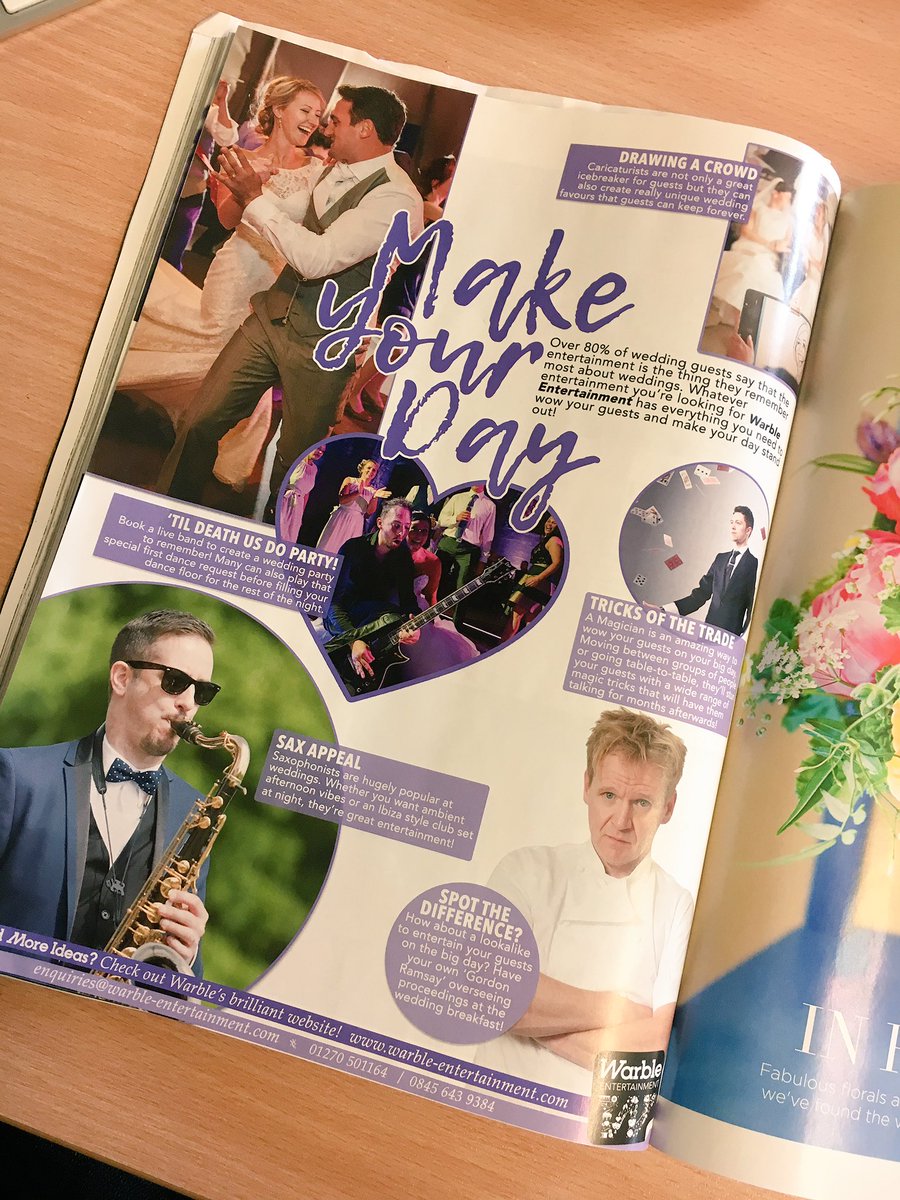 Jon_WarbleEnts's tweet photo. New @WeddingVenues summer issue is out - with some of our great acts featured on the pages... Looking good guys! 😉 https://t.co/9OW1kk8EZ3