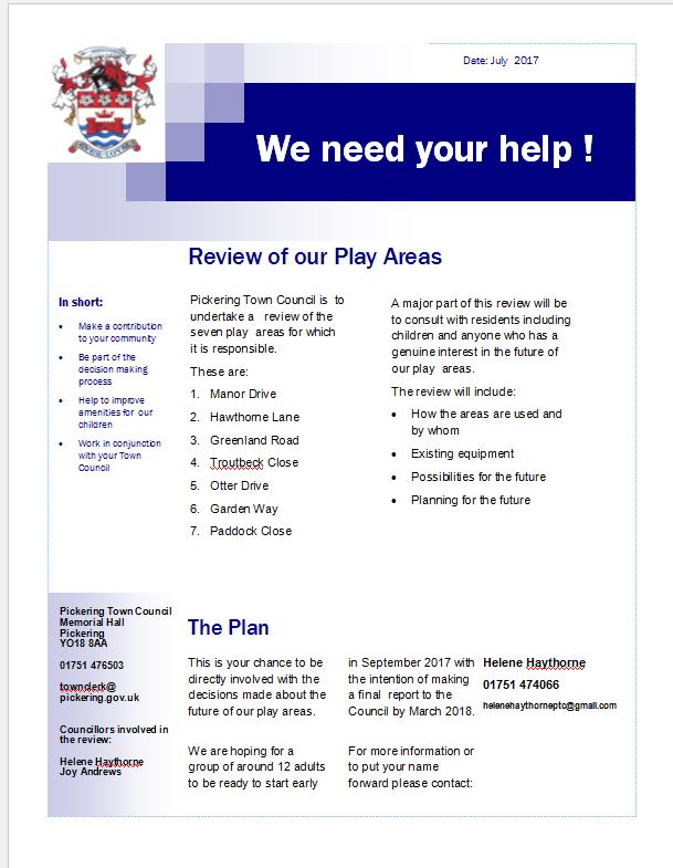 pickering_tc's tweet photo. Pickering Town Council are reviewing their play areas, get involved by e-mailing helenehaythorneptc@gmail.com or contact the council office. https://t.co/CCsv3kebIM