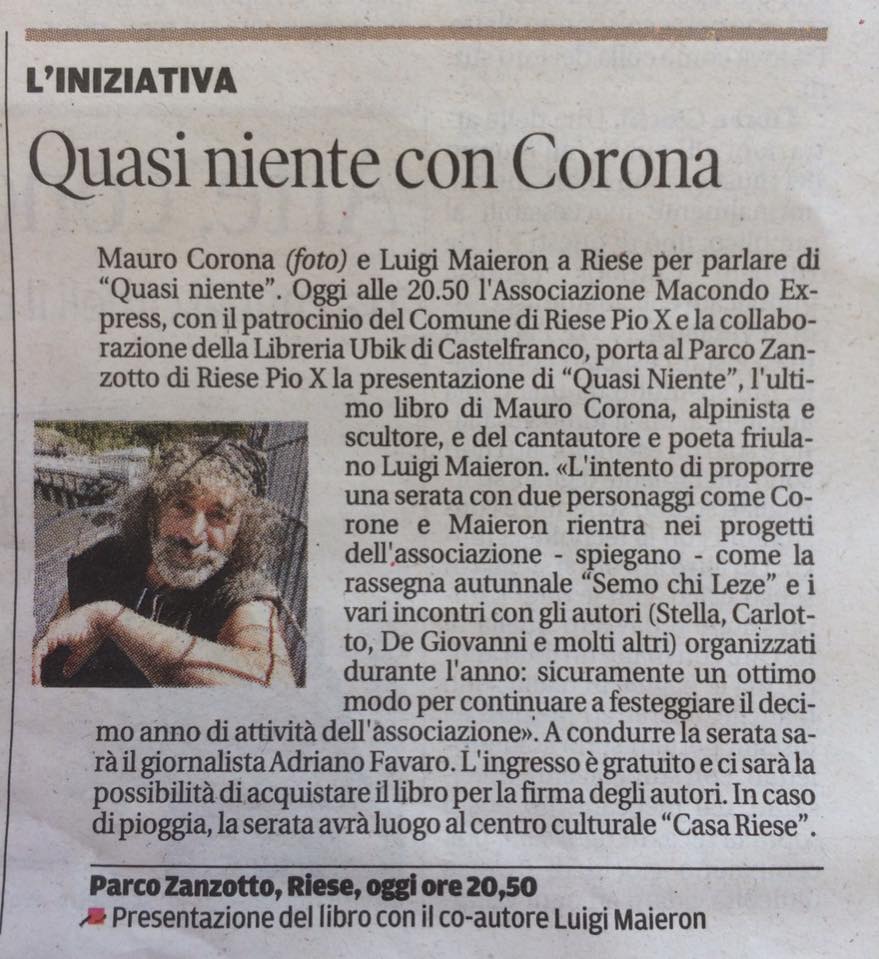 Questa sera noi facciamo #quasiniente con #maurocorona e #luigimaieron, vi aspettiamo!