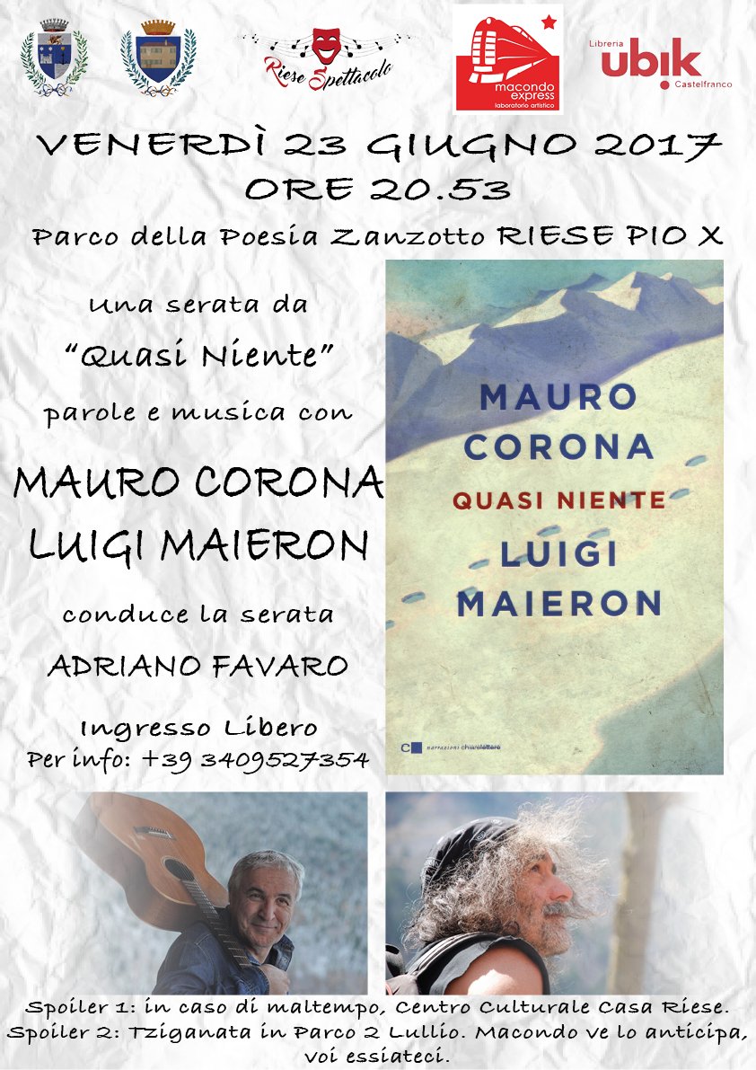 ubikcv's tweet photo. Questa sera noi facciamo #quasiniente con #maurocorona e #luigimaieron, vi aspettiamo! https://t.co/L5qenFq0LA