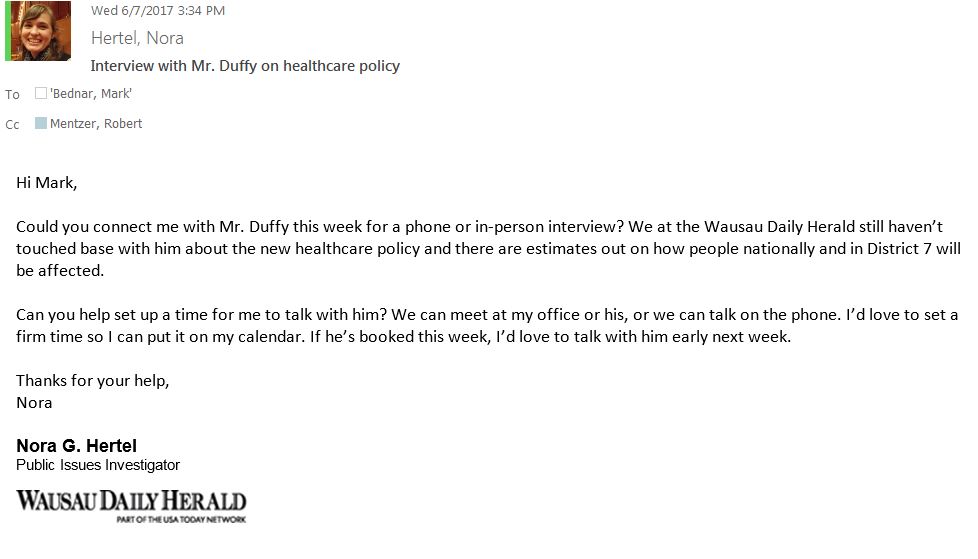 nghertel's tweet image. I tried over &amp;amp;over for 15-min interview w @RepSeanDuffy on American Health Care Act since June 7. Instead got this unusable Obamacare rehash