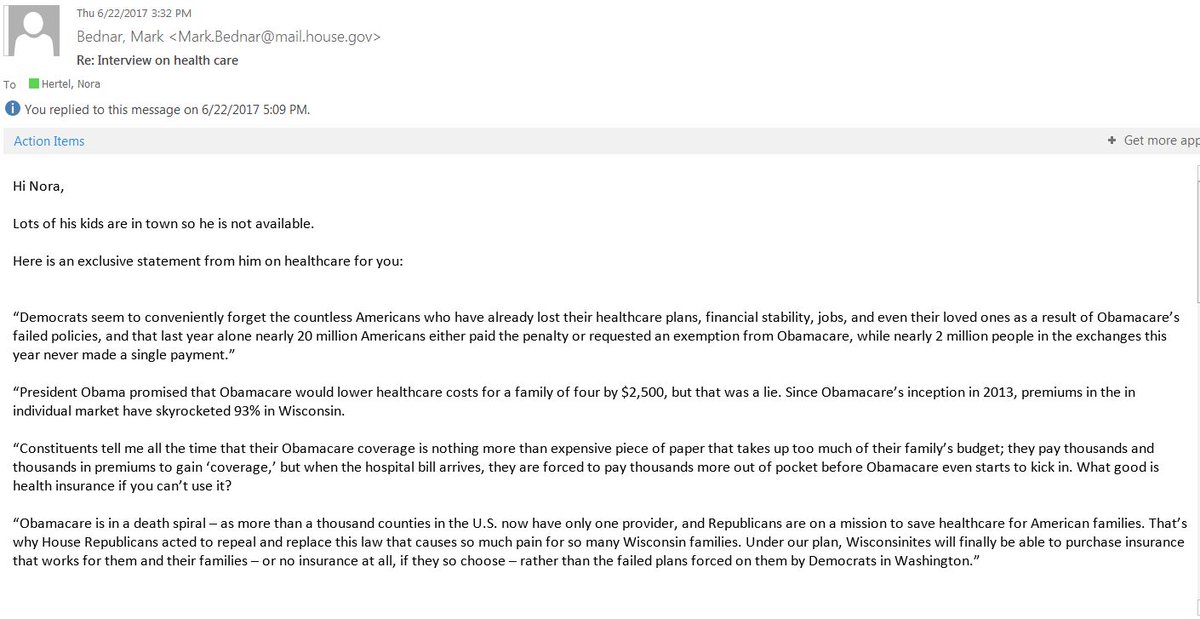 nghertel's tweet image. I tried over &amp;amp;over for 15-min interview w @RepSeanDuffy on American Health Care Act since June 7. Instead got this unusable Obamacare rehash