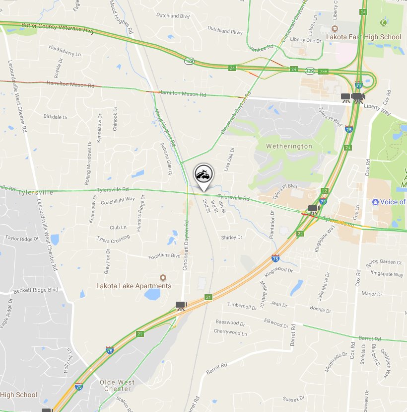FOX19Shae's tweet photo. Car vs a train at Tylersville Rd and CinDay Rd. unclear of detailsd, will be closed for at least 30 min, no injuries @fox19 @CincyTraffic19 https://t.co/46JiwFnRtC