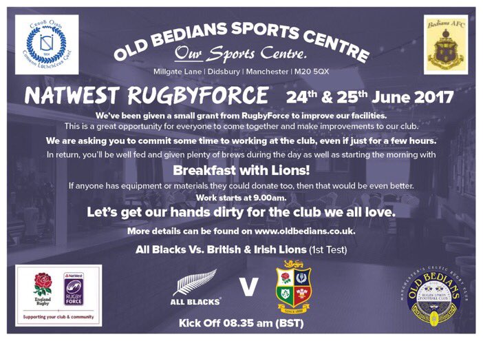 #Didsbury we need YOU! Can you spare a few hours this weekend to help your community #rugby club? Chance to get behind #LionsNZ2017 too!