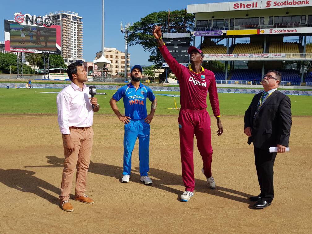 BCCI's tweet photo. West Indies have won the toss and elected to field first in the 1st ODI #TeamIndia #WIvIND https://t.co/ZyjeGuJNDv