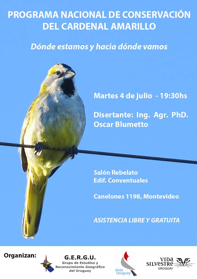 Difundimos esta actividad sobre el Proyecto de Conservación del Cardenal Amarillo en el Uruguay.
 <a href="/Aves_Uruguay/">Aves Uruguay</a> <a href="/VidasilvestreUy/">Vida Silvestre Uruguay</a>