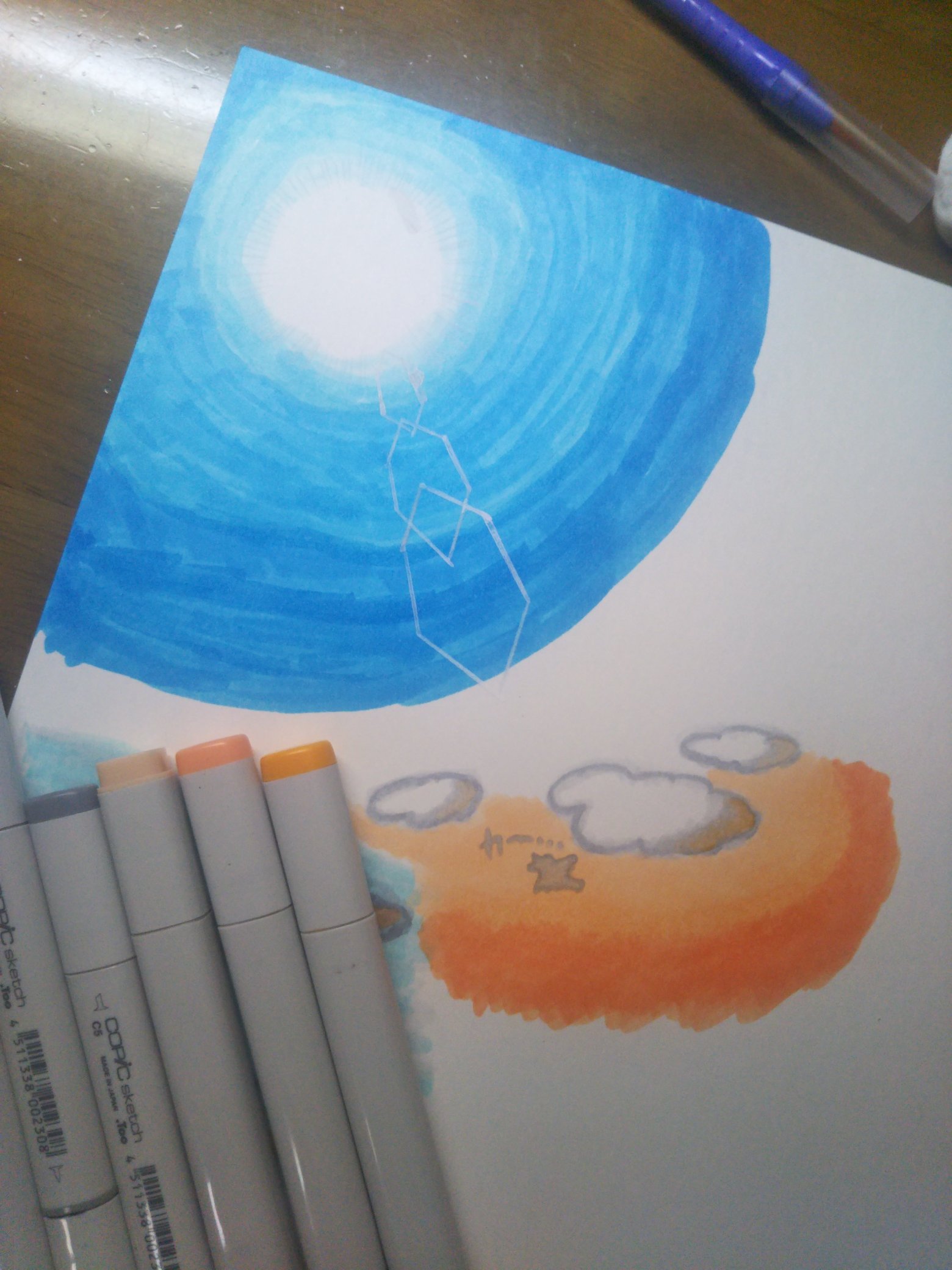 高満なぁき 今日見た青空と夕焼けを なんとかコピックで描きたくて練習中 まだあまり得意じゃないから 空の描き方ちゃんと会得したいな T Co 0mjohzmga3 Twitter