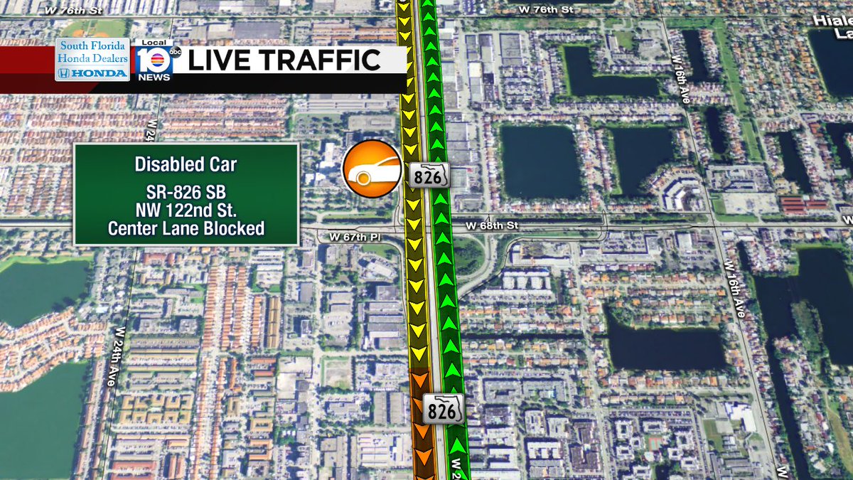 DISABLED CAR: SR-826 SB & NW 122nd St. A center lane is blocked. #TRAFFIC #MIAMI https://t.co/k5TB3ZYnjE