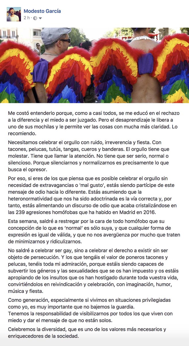 modesto_garcia's tweet photo. El orgullo DEBE entenderse con sus pelucas, tacones, cueros o tangas. Defender lo contrario nos agrede. He escrito esto al respecto: https://t.co/wMIdEWViv7