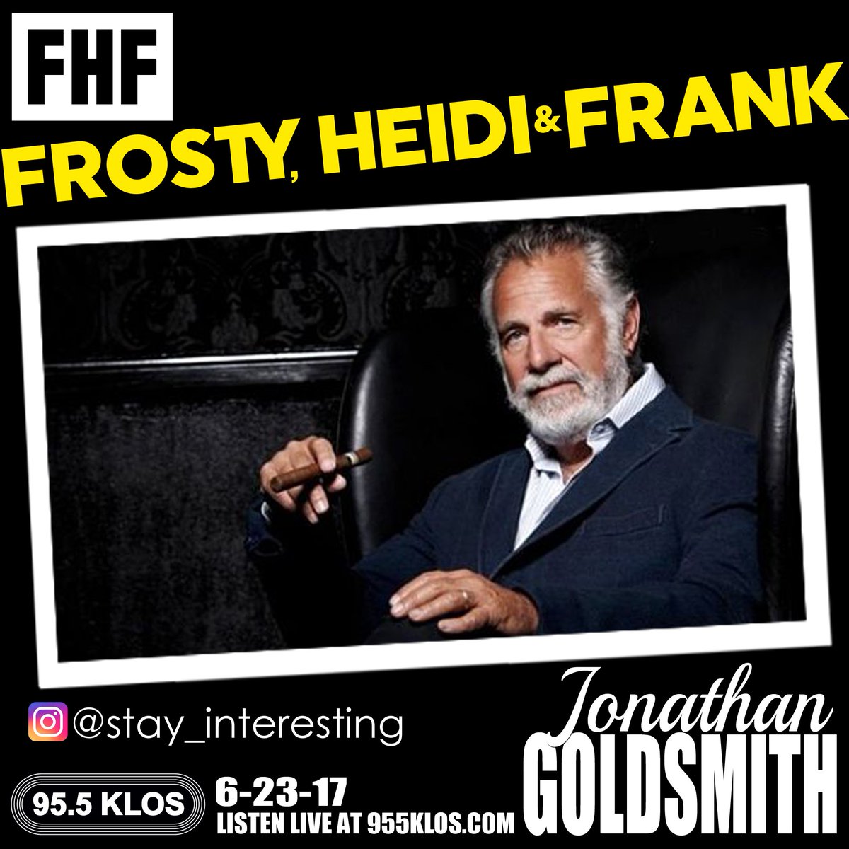 955KLOS's tweet photo. Todays @FHFshow: #GetTheFakeOut, #FloridaOrAnywhereElse, &amp; #TheMostInterestingManInTheWorld Jonathan Goldsmith in studio 8am, #StayOrGo 9am https://t.co/azparyKSzB