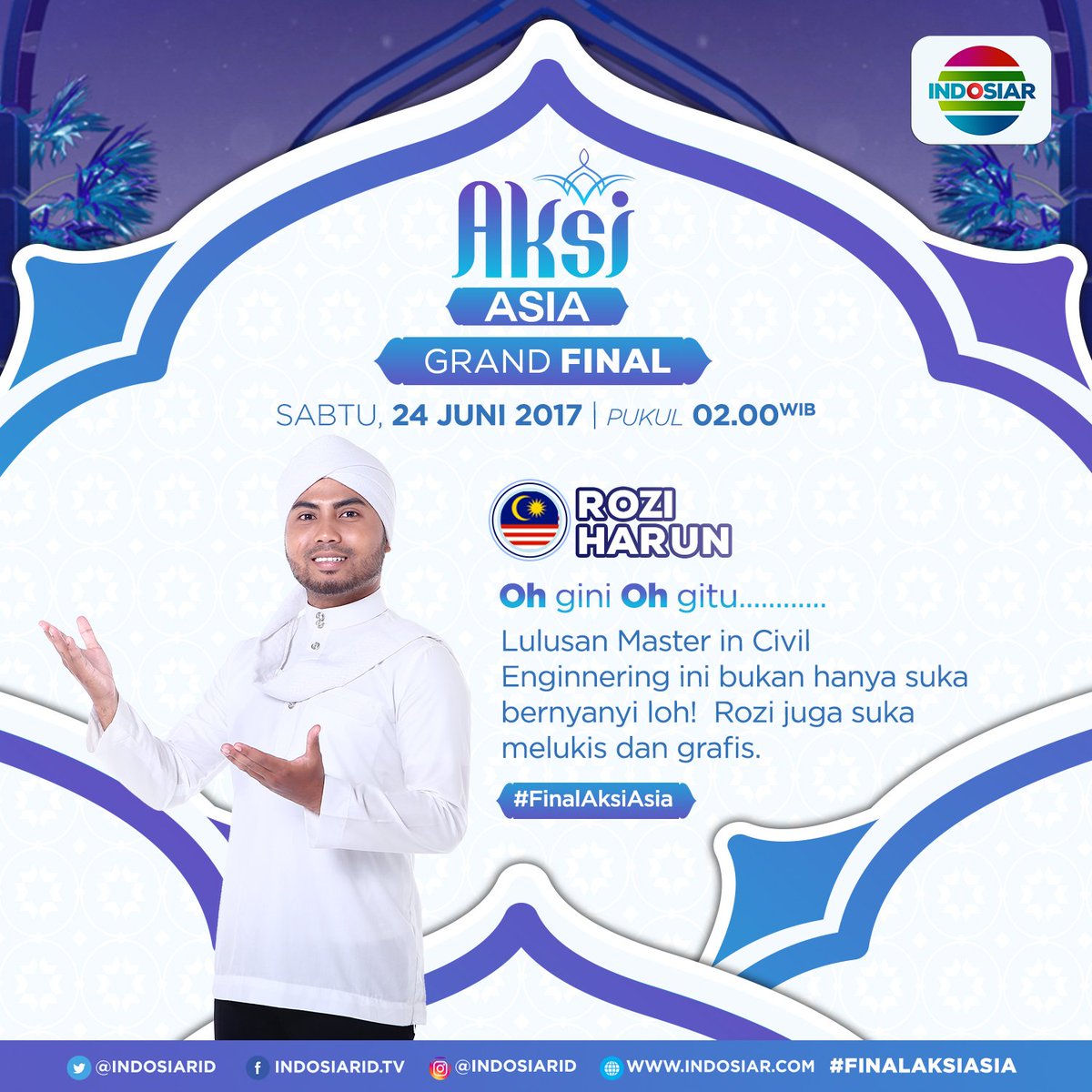 Indosiar's tweet photo. Penampila dalam berdakwahnya yang unik mengantarkan Rozi kebabak Grand FInal! Saksikan penampilan Rozi di #AksiAsia pkl 02.00 WIB https://t.co/lQcKpFpCCX