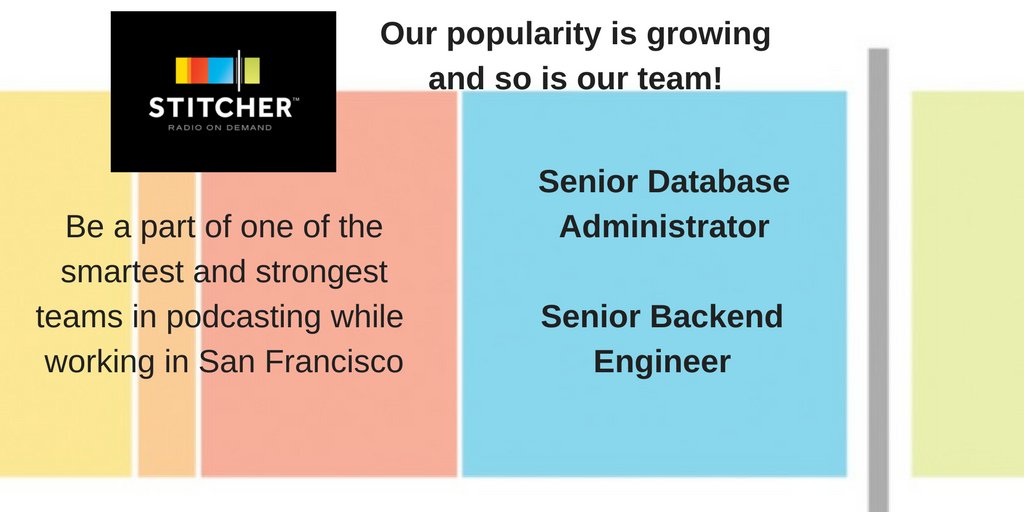 EWScrippsJobs's tweet photo. Career opportunities @Stitcher in #SanFran - Sr. Database Admin. - https://t.co/k9yuaGTnl5 and Sr. Backend Eng. - https://t.co/ZSI9UamprF. https://t.co/Ku4ckMjMqp
