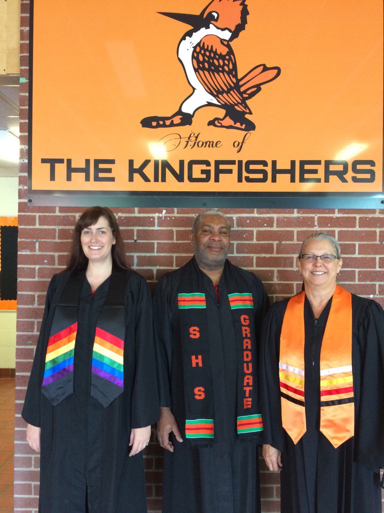 SHS_Kingfishers's tweet photo. SHS Staff modelling our new graduation sashes to represent LGBTQ+, African Nova Scotian and Aboriginal grads. https://t.co/jGoa9KKHpv