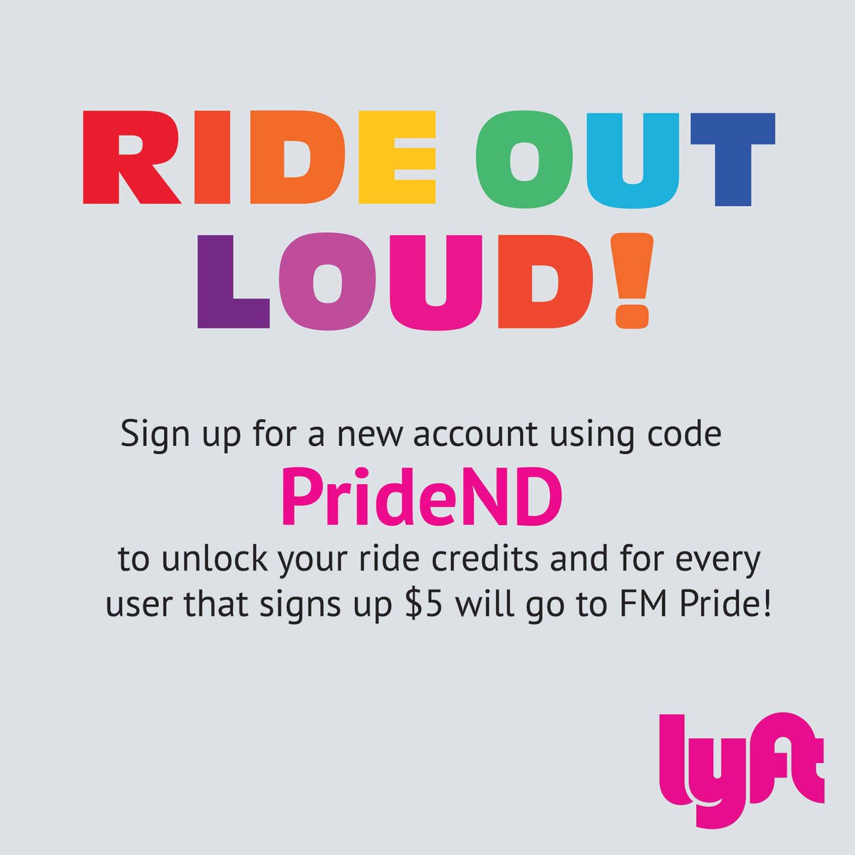 OfficialFMPride's tweet photo. Headed to #TCPride? Be sure to signup for @lyft, w/code PrideND to unlock your ride credits &amp; $5 from every NEW signup will go to FM Pride! https://t.co/voijfHze9e