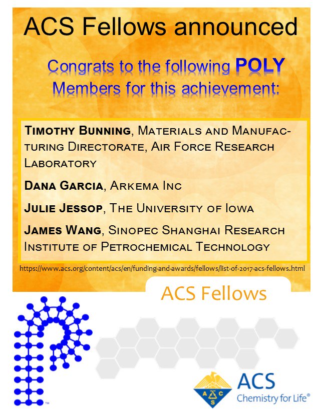 ACS fellows announced. Congrats to POLY Members T. Bunning, D. Garcia, J. Jessop, and J. Wang for this achievement!, acs.org/content/acs/en…