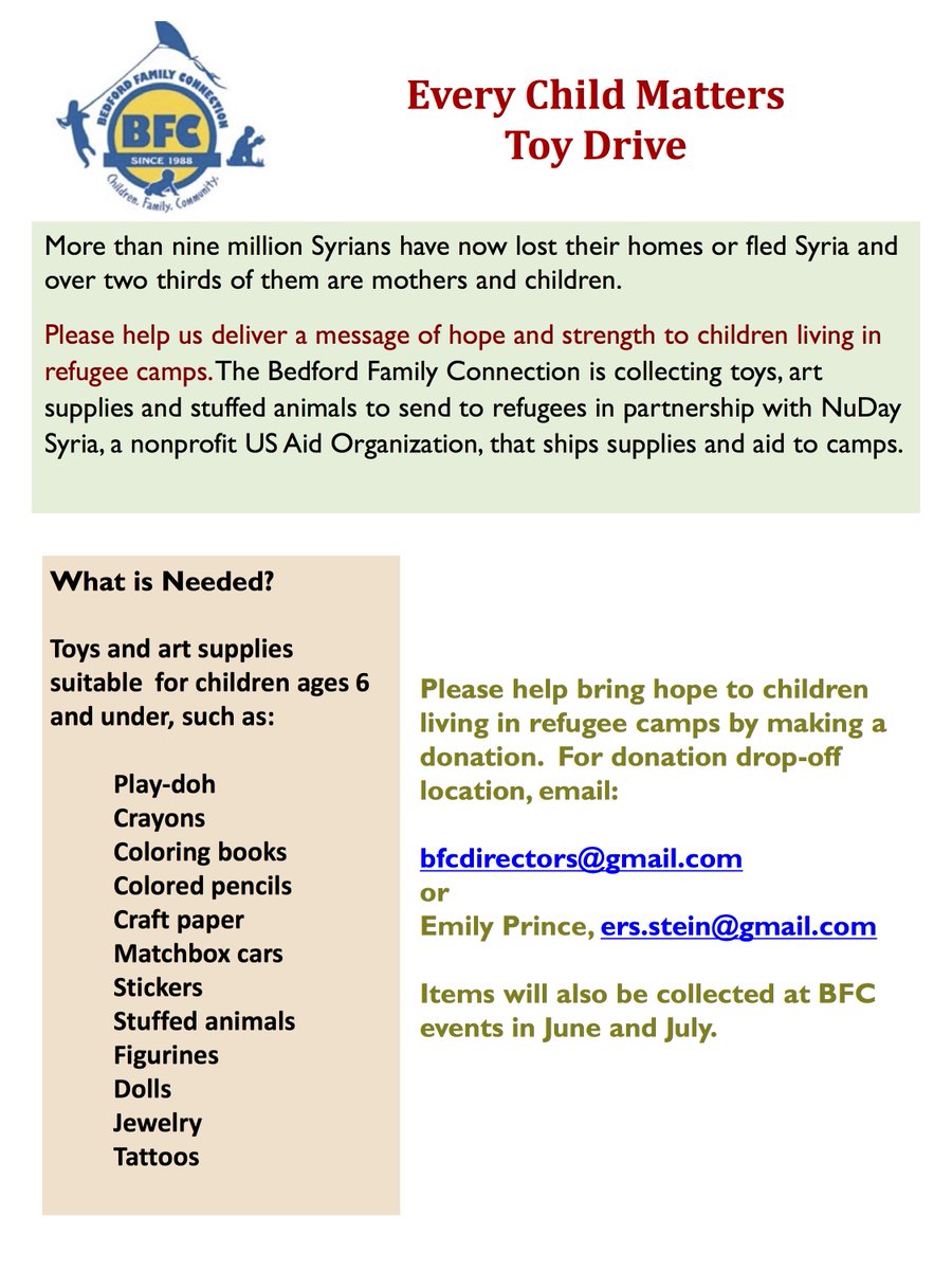 bfctoday's tweet photo. With @NuDaySyria, BFC is collecting items for women/children in refugee camps. Drop off at any June/July BFC event or email us to drop off! https://t.co/NHnkHsPE94
