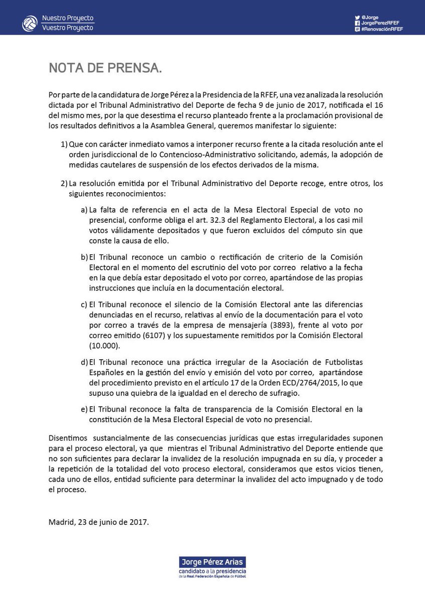 Comunicado en relación con la Resolución del TAD notificada el pasado 16 de junio. 👇