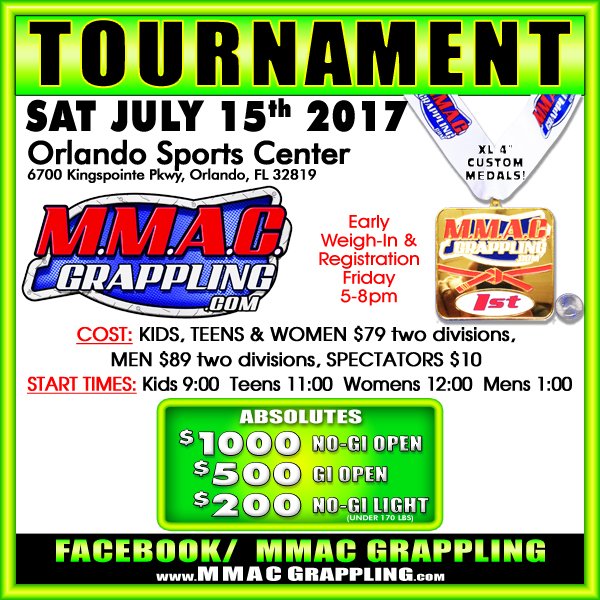 MMACgrappling's tweet photo. July 15, 2017 Orlando.
Disc Pre-Reg @ https://t.co/AfzrC8qvnP
Kids, Teens, Women, &amp; Men.
#bjj #JiuJitsu #mmac #grappling #ibjjf #naga https://t.co/PeVLFnvahY