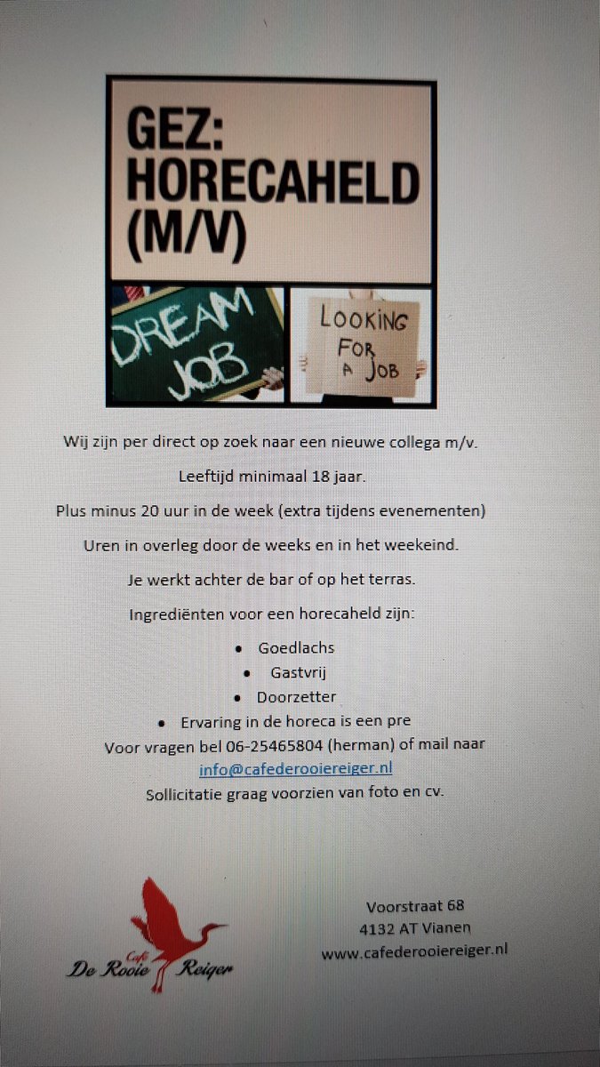 rooiereiger's tweet photo. Personeel gezocht https://t.co/9GPgSYJVf0
