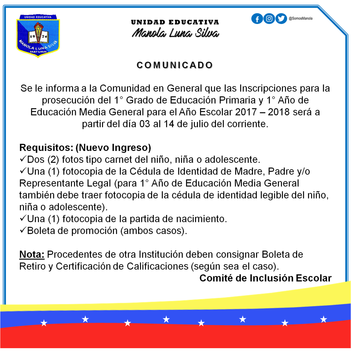 SomosManola's tweet photo. COMUNICADO: A toda la Comunidad en General prosecución de Educación Primaria y Media General para el Año Escolar 2017 - 2018 #SomosManola https://t.co/hZBCdsv6He