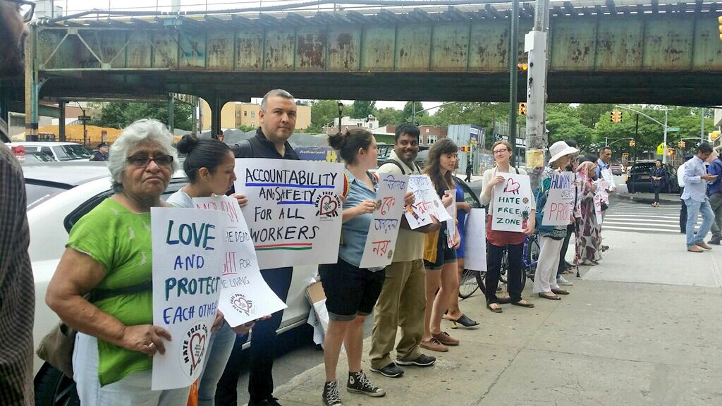 NICE4Workers's tweet photo. NICE stands w/ allies and family members of fallen worker, Sirajul Hoque, in demanding #Justice #PeopleOverProfits #EmployerAccountability https://t.co/7Z9LgPut2j