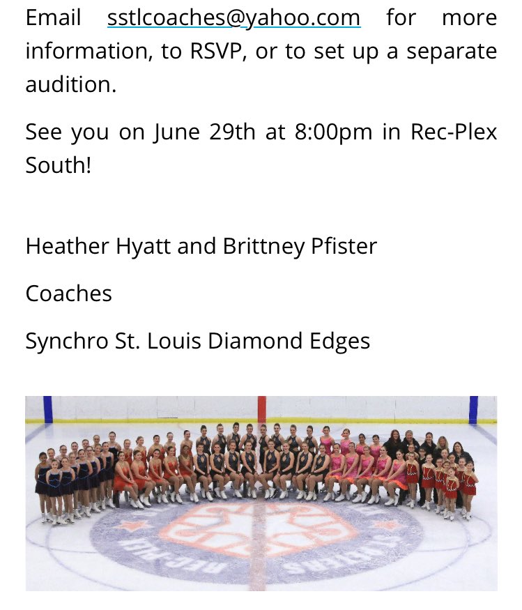 shaneerah's tweet photo. *ATTENTION ALL SYNCHO SKATERS IN THE STL AREA*--Don't miss out on the opportunity to skate with these amazing ladies in the upcoming season! https://t.co/2RuxXgvmaC