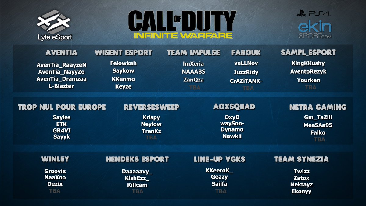 selecao_esport's tweet photo. #TournoiCOD 🏆
Voici les équipes inscrites pour le moment (31/32)! Nous vous souhaitons à tous un bon tournoi, à demain 14h ! 🔥
#LyteNation https://t.co/iSh43fvo4B