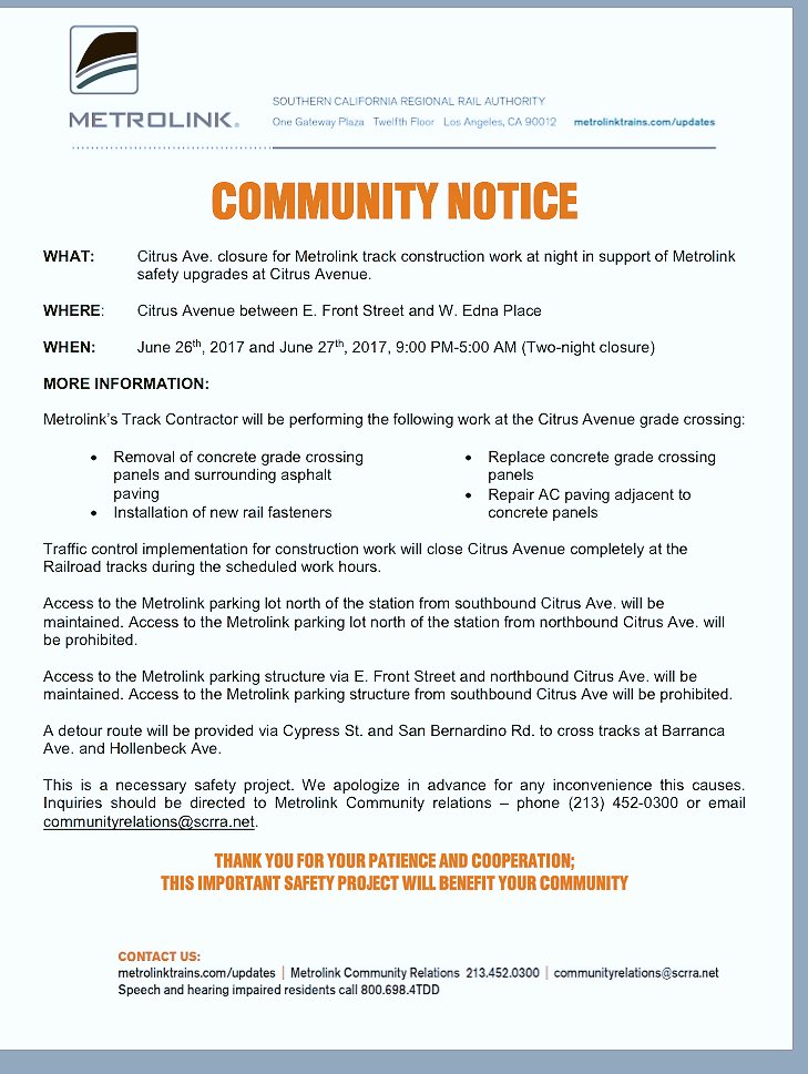 JohnCurleyCPD's tweet photo. @covinapd @WestCovinaCity @CityofGlendora @CityofCovina @Metrolink @SGVTribune @sgvcrime IMPORTANT ROAD CLOSURE INFORMATION @KNX1070 https://t.co/lI1R0w7jSt