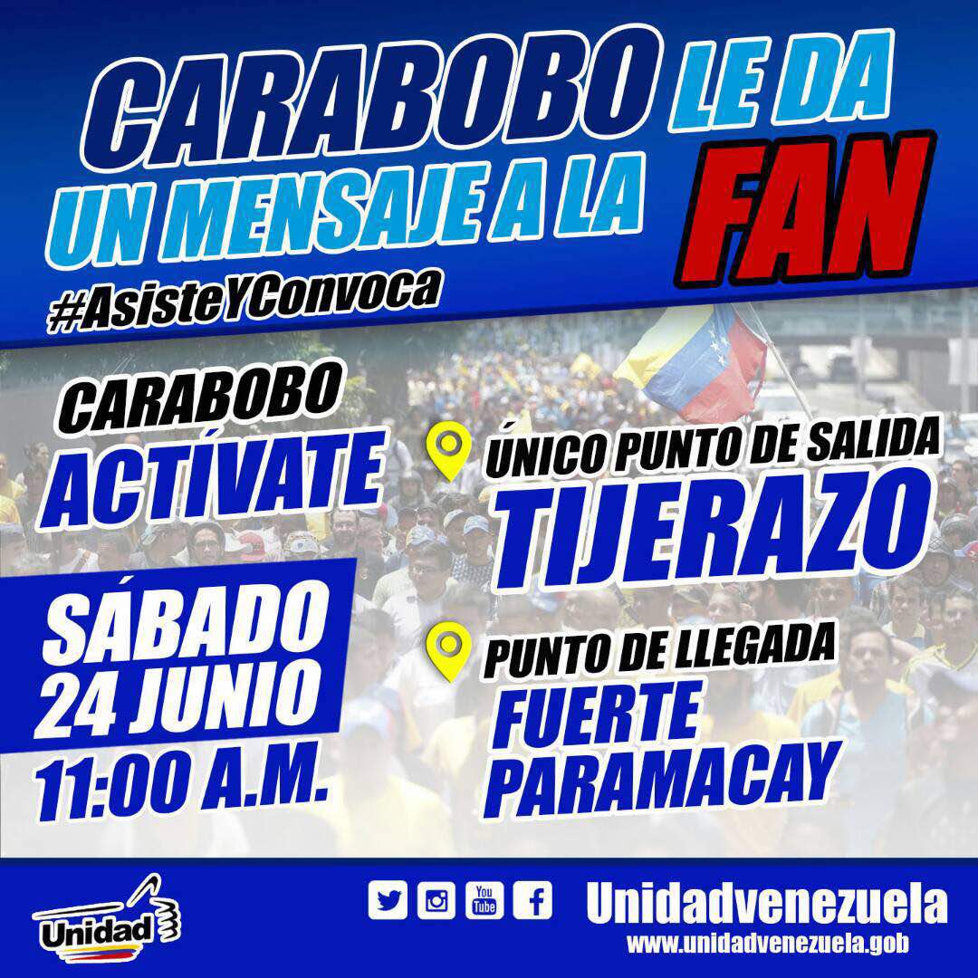 angelalvarezgil's tweet photo. Transitamos una nueva Batalla de Carabobo mañana todos al fuerte Paramacay saliendo del Tijerazo a partir de las 11am.Fuerza y fe Venezuela. https://t.co/H9WcSK7Htw