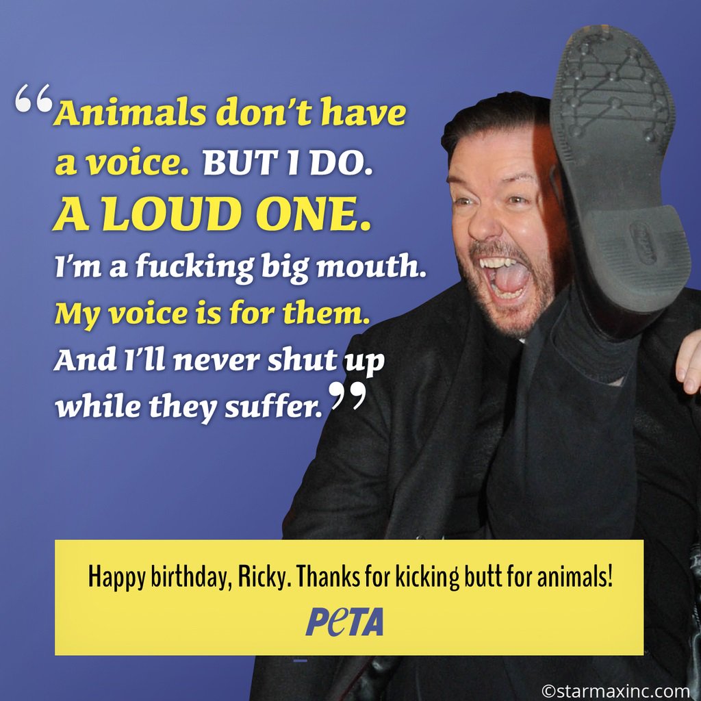 Animals in need have a great friend in <a href="/rickygervais/">Ricky Gervais</a>.  Have a very happy birthday! 🐶🐷🐮🐱